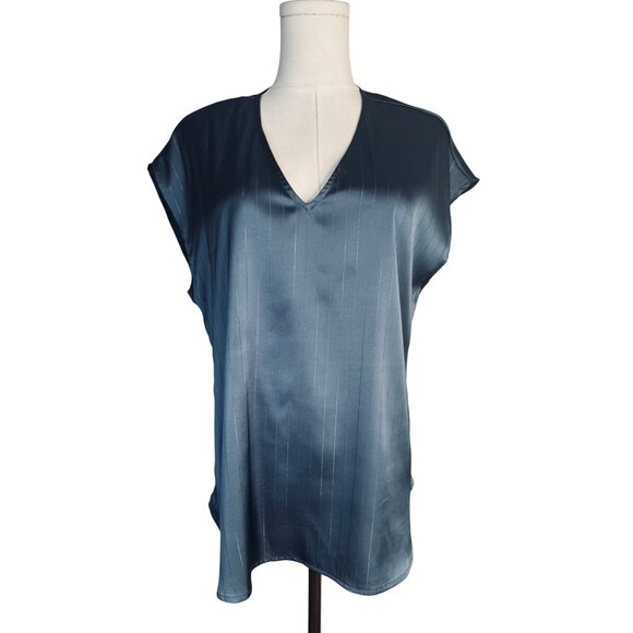 Halogen Medium Womens V-Neck Cap Sleeve Top Blue Pinstripe Polyester/Spandex - Picture 1 of 12
